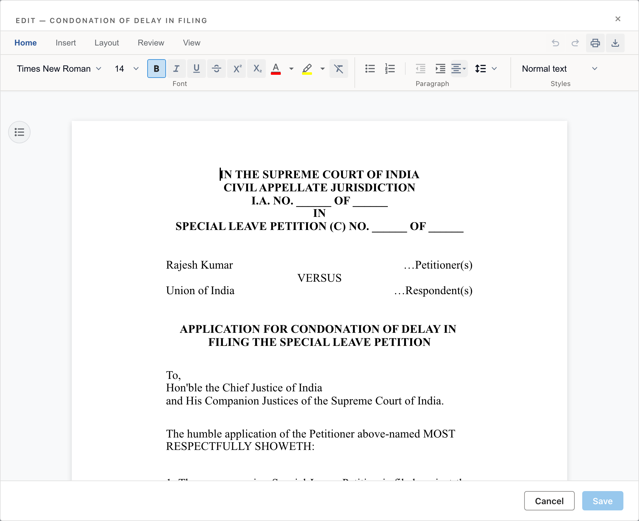 Embedded Word editor for an interlocutory application